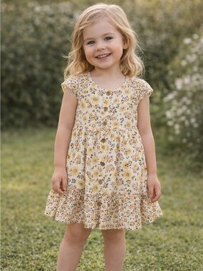 Little Lass Baby Girl Floral Button Down Dress Sz 4 Yellow Brown Daisy Ruffle